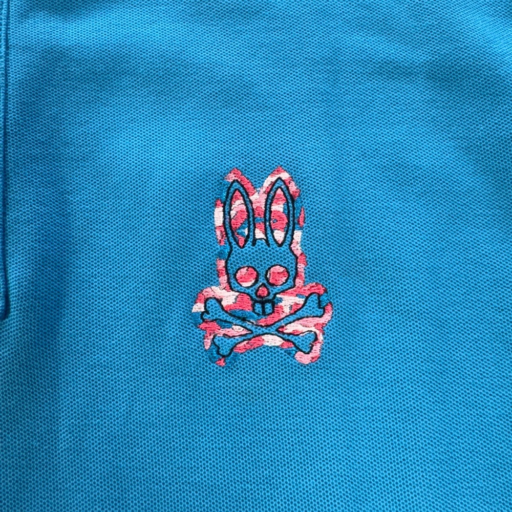 Psycho Bunny Blue Pima Cottom Polo size 8 Pink Camo Bunny Embroidered - Picture 5 of 7